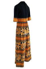 Late 1960s Oscar de la Renta Printed Orange & Black Jumpsuit w Extra Wide Side Slit Legs