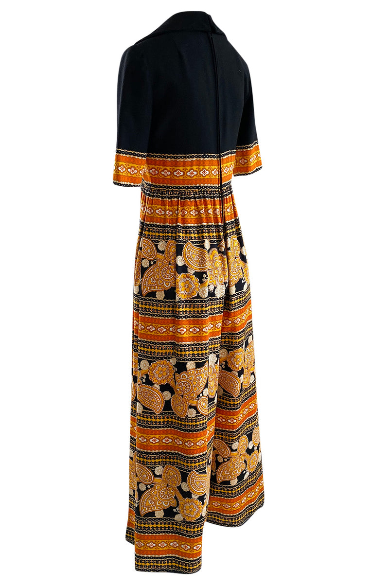 Late 1960s Oscar de la Renta Printed Orange & Black Jumpsuit w Extra Wide Side Slit Legs