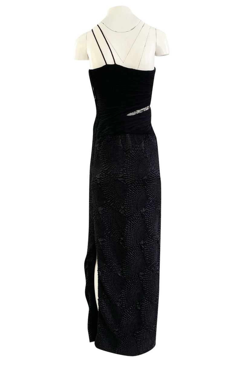 1970s James Galanos Couture Textured Puff Silk One Shoulder Dress w Tr ...