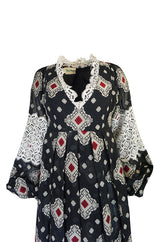 1971 Thea Porter Brocaded Cotton Gauze & Lace Flounce Dress