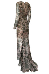 1980s Oscar de la Renta Sequin Detailed Trained Floral Silk Chiffon Dress