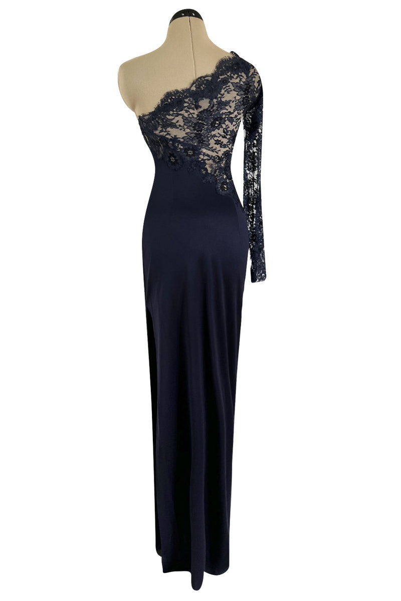 Weightless Early 2000s John Anthony Couture Transparent Blue Lace Bodice One Sleeve Silk Jersey Dress