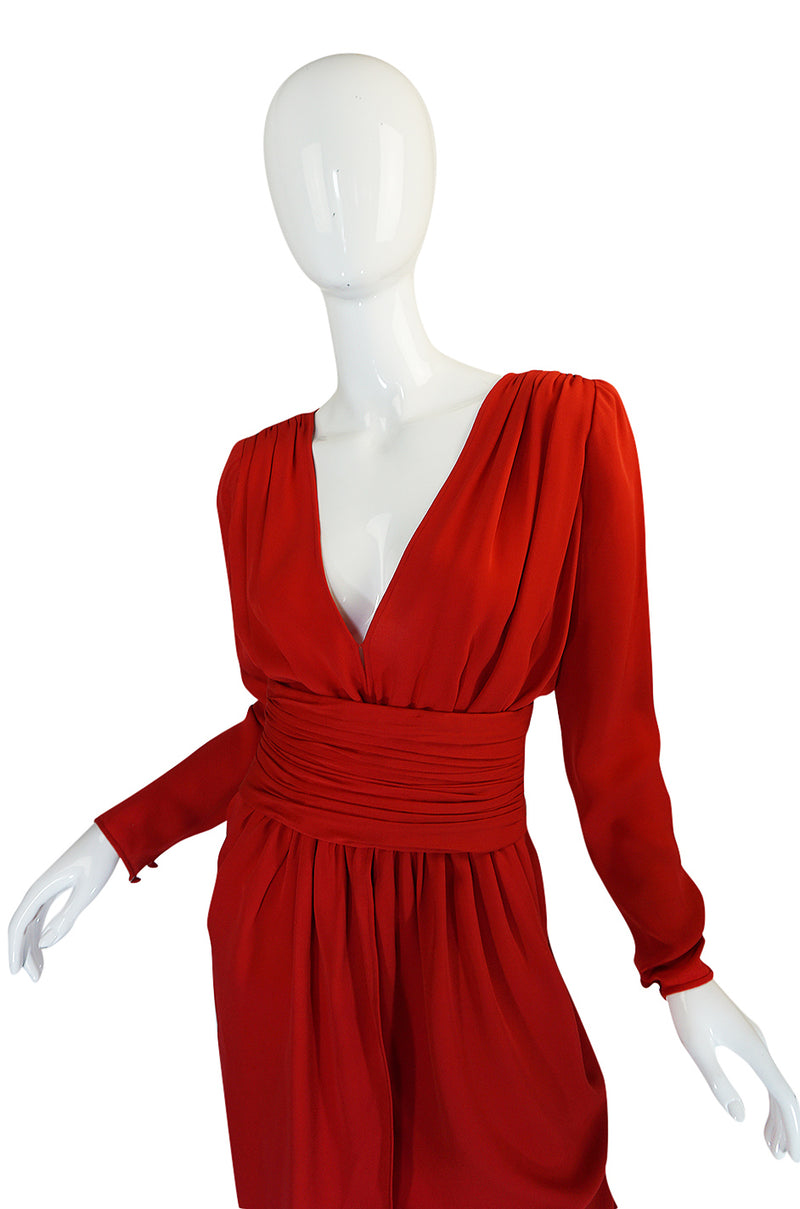 1980s Valentino Haute Couture Plunging Red Silk Dress