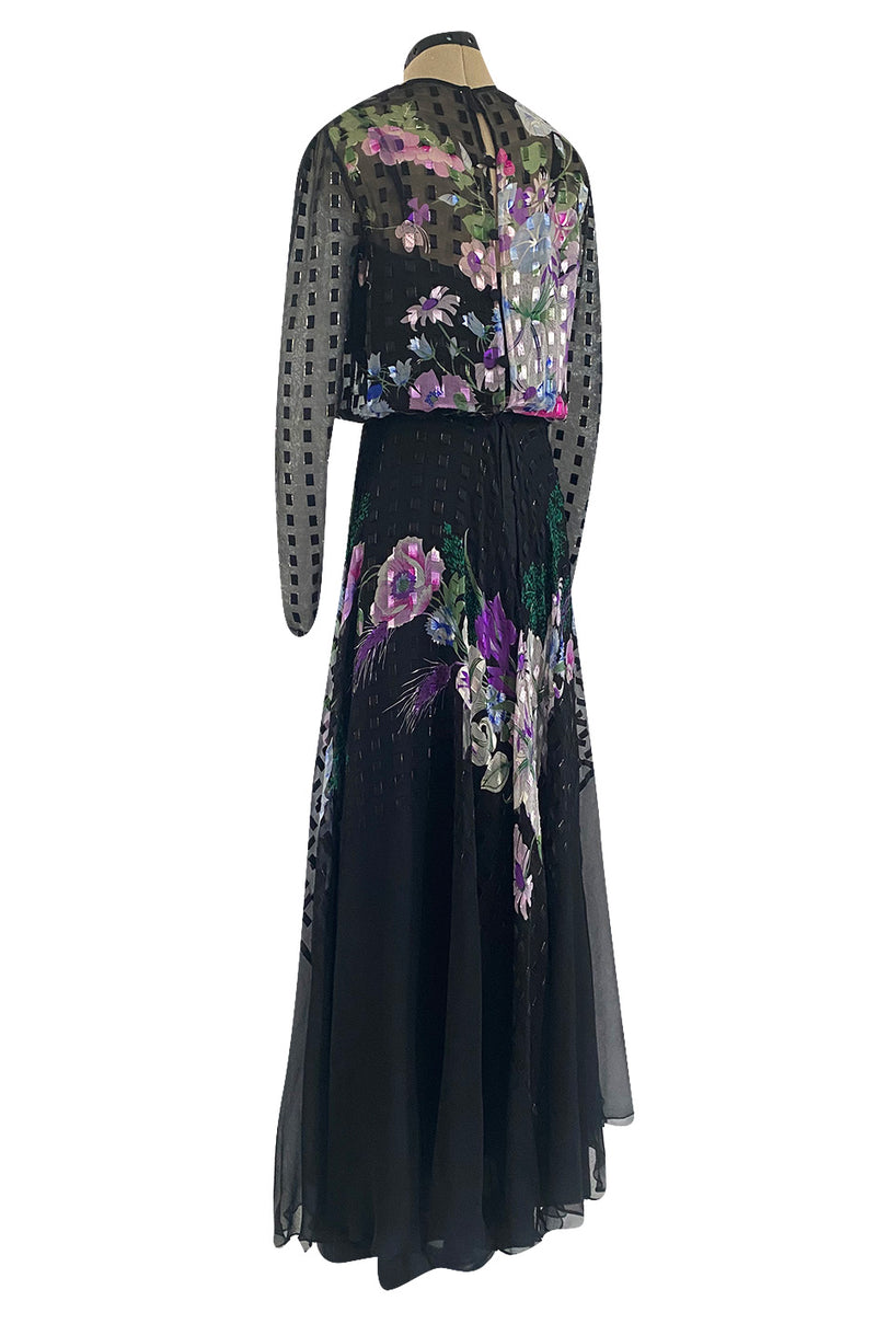 Beautiful 1970s Ted Lapidus Ribbon Weave Silk Chiffon Dress w Prettiest Floral Print
