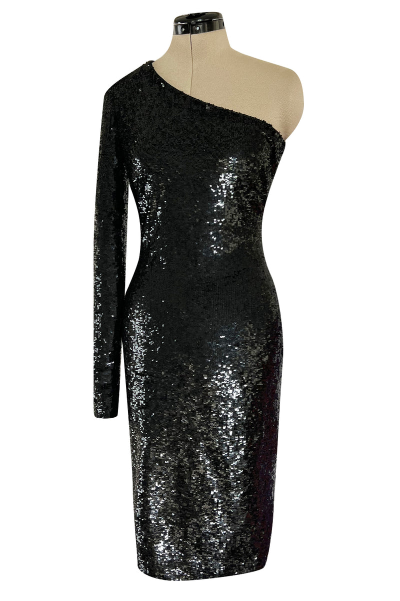 Early 2000s John Anthony Couture One Shoulder & Sleeve Densely Sequinned Glossy Black Dress
