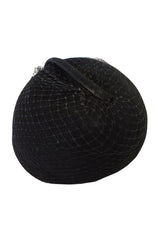 1970s Halston Black Felt and Netted Rounded Pill Box Hat
