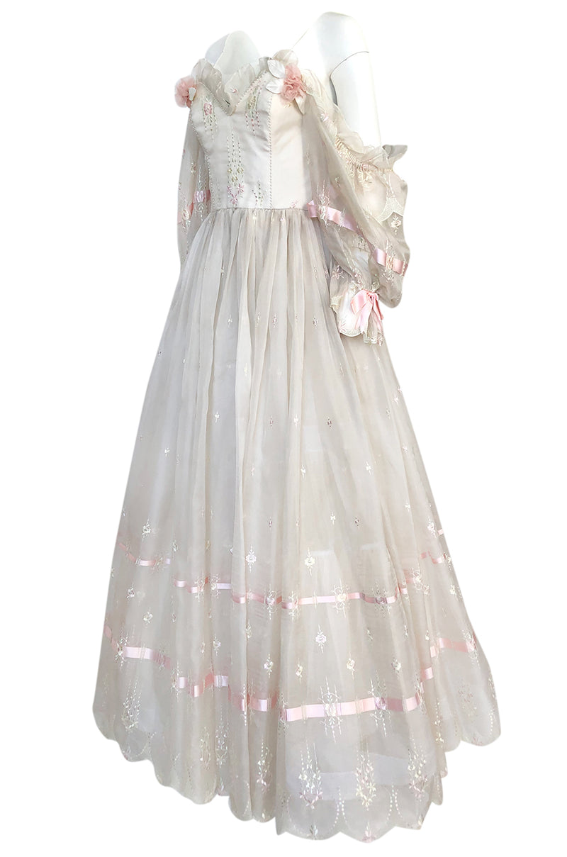 1980s Emanuel Custom Fairy Tale Embroidered & Ribboned Silk Organza Dress