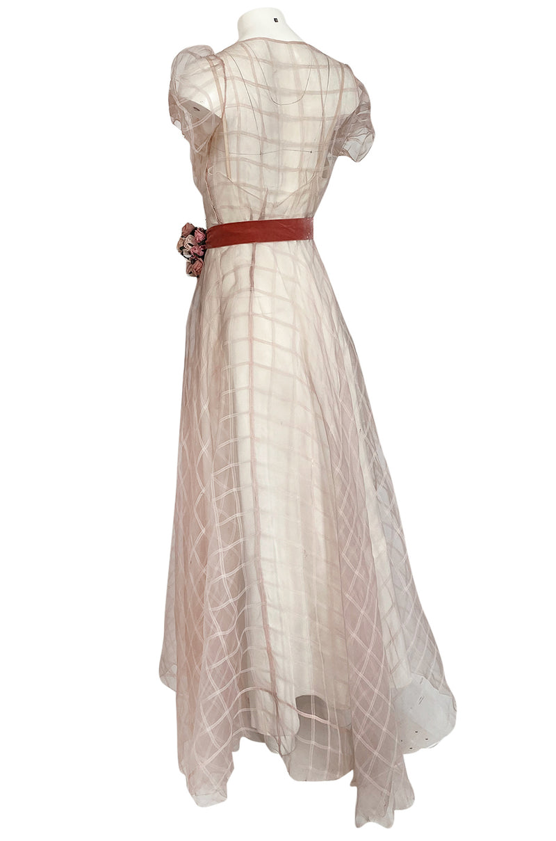 1930s Unlabeled Deep Blush Silk Ribbon Organza Dress w Slip & Floral Belt