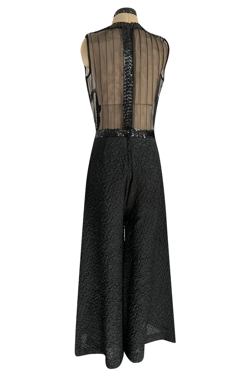Amazing 1960s Jean Varon Sheer Sequin Bodice Jumpsuit w Wide Textured Pants