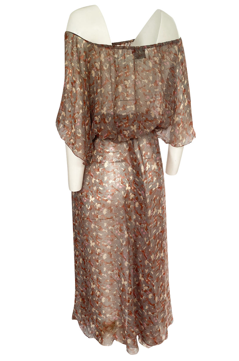 1970s Scott Barrie Off Shoulder Taupe Print Silk Chiffon Midi Dress