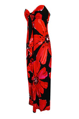 1978 Halston Resort Swimwear Red Floral Jersey Halter Dress