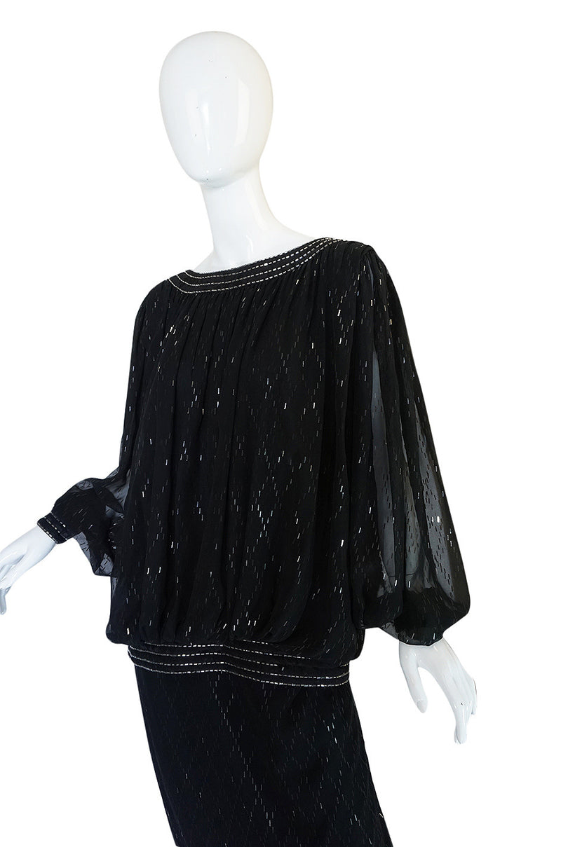 1980s Wayne Clark Backless Silver Glitter Trained Chiffon Dress