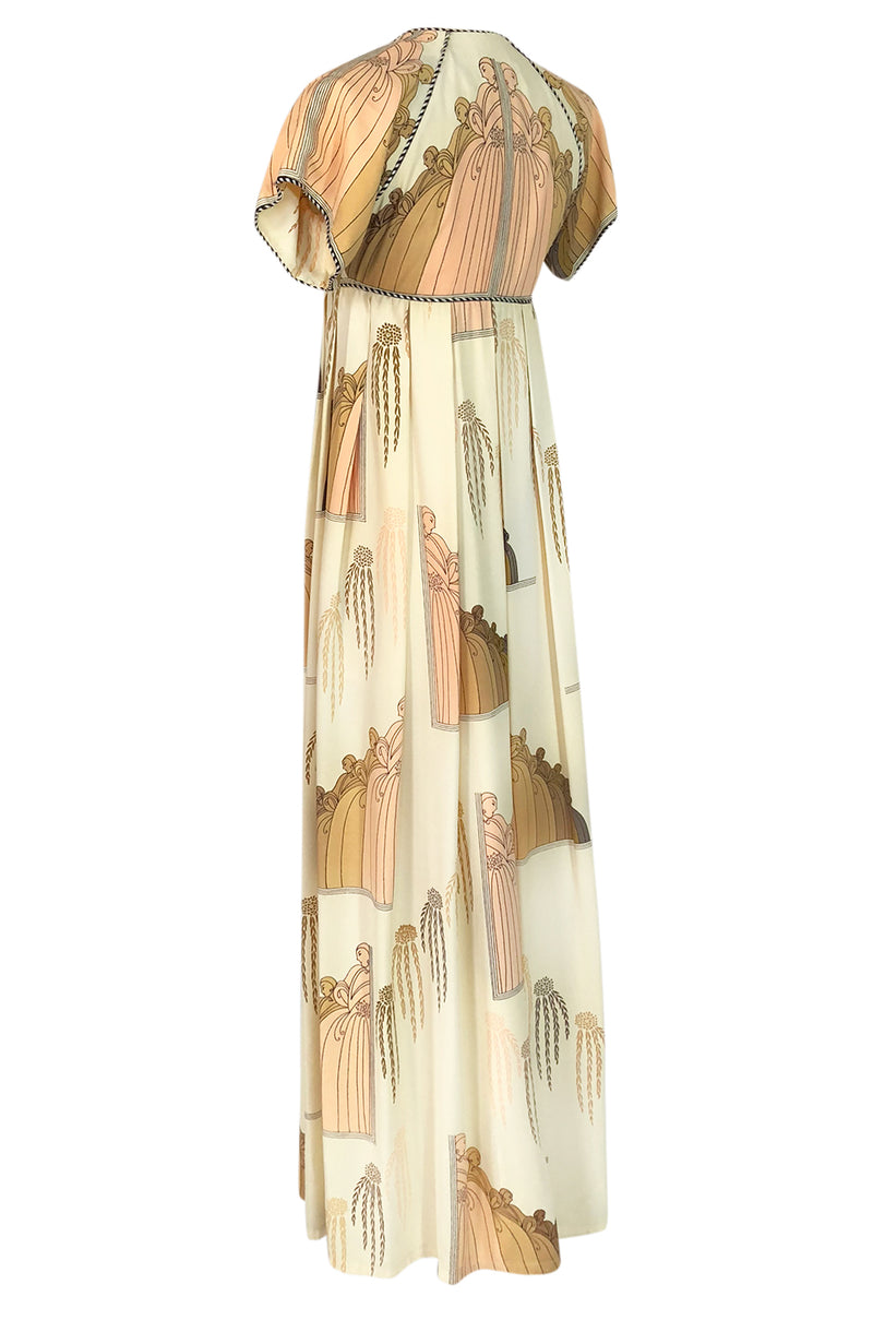 1960s Jean Varon Slit Front Empire Waist Art Deco Print Dress