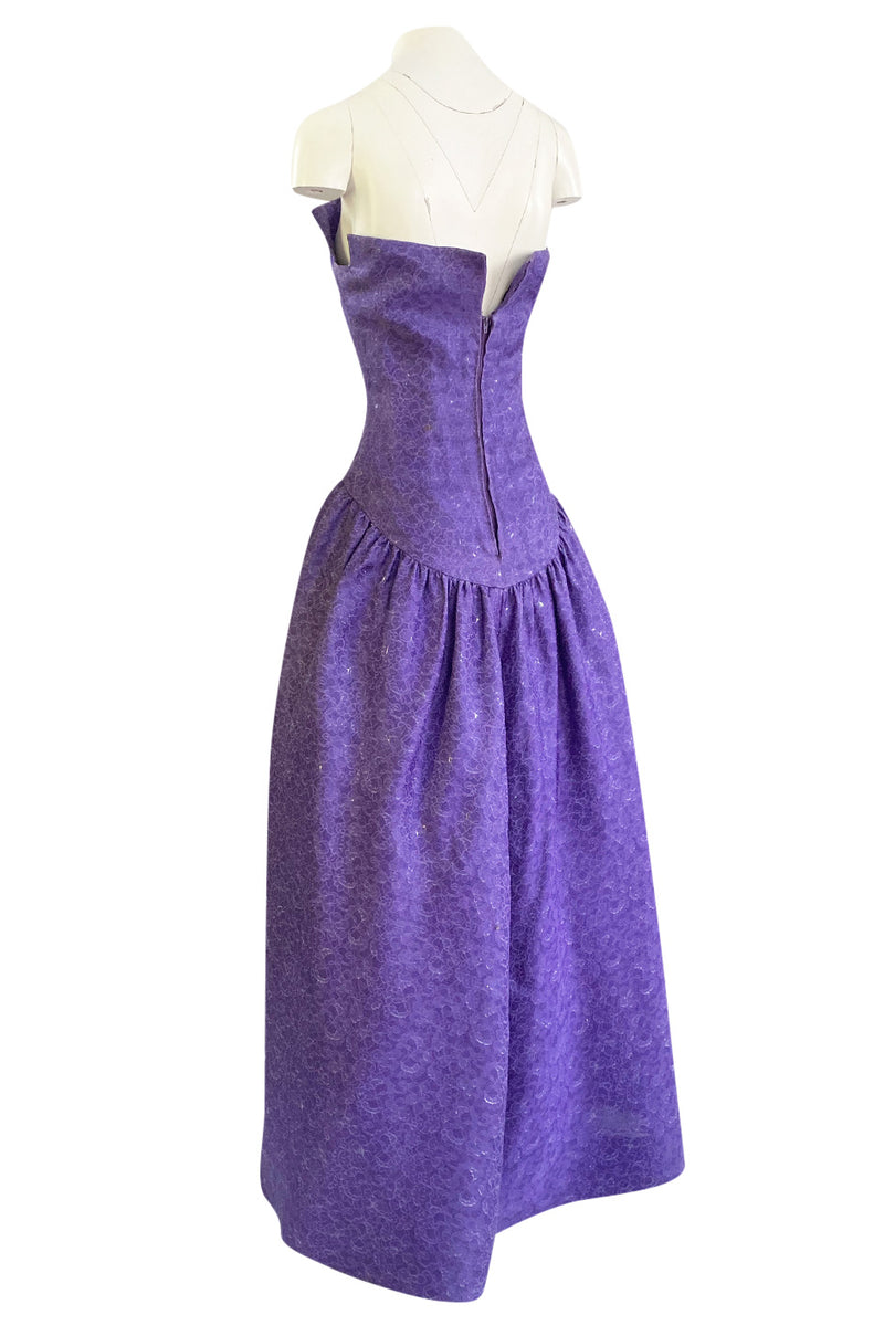 1960s Arnold Scaasi Couture Strapless Purple Silk Dress w Silver Thread Detailing