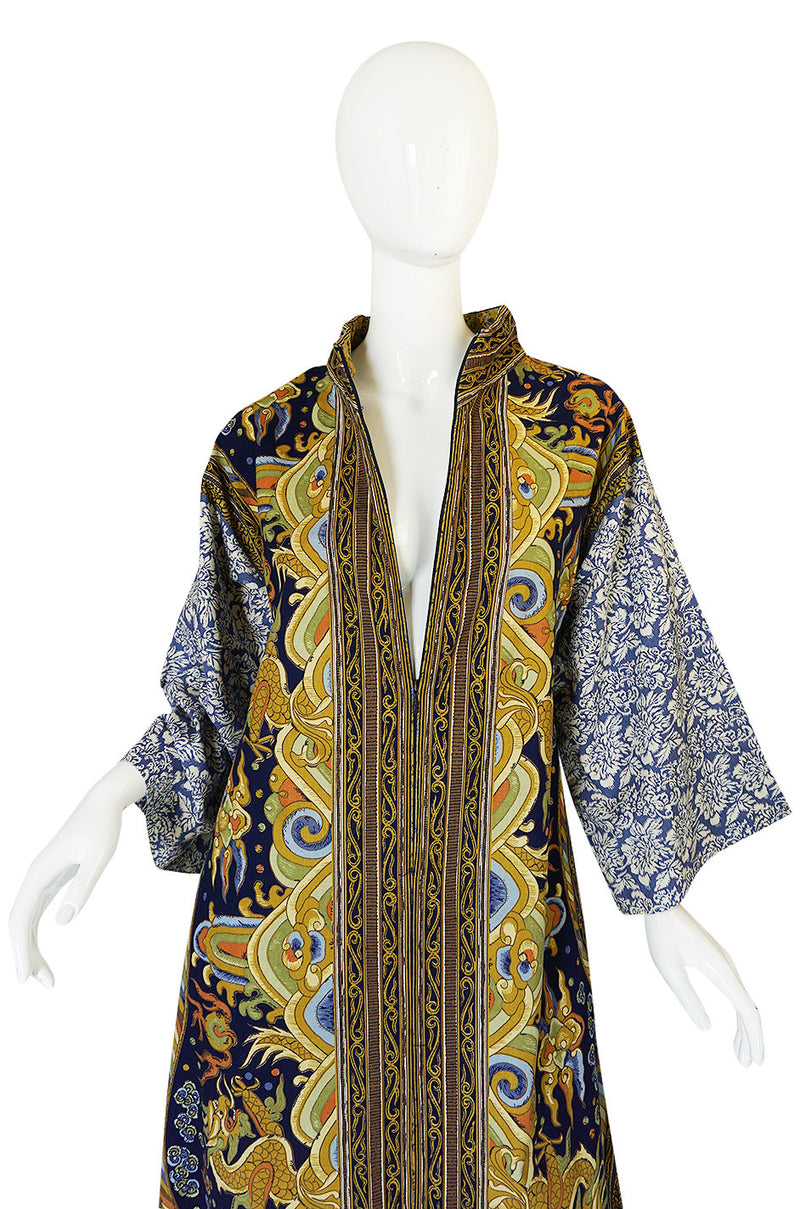 1970s Dragon & Floral Print Bill Blass Cotton Caftan Dress