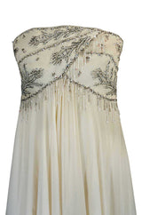 1970s Bob Mackie Beaded Strapless Ivory Silk Chiffon Dress