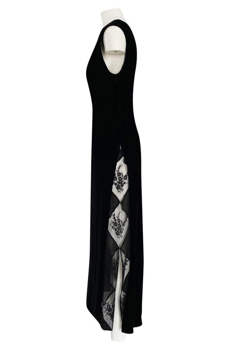 1980s Unlabeled Chanel Haute Couture Black Velvet Tabard w Silk Chiffon & Lace Under Skirt