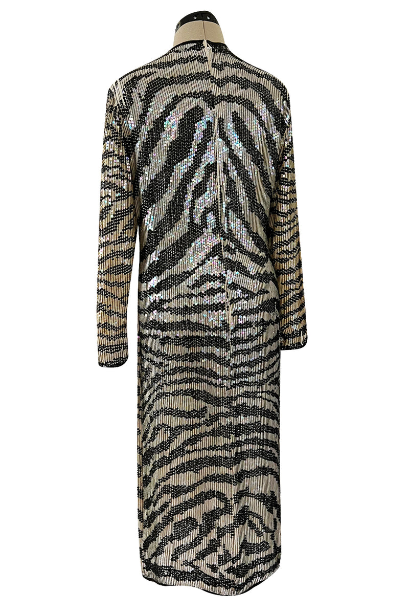 Iconic Late 1970s Halston Rare Iridescent Gold & Black Sequin Tiger Print Dress