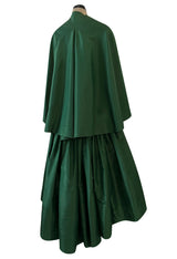 Rare 1977 Madame Gres Haute Couture Dress & Cape in a Deep Green Silk Taffeta