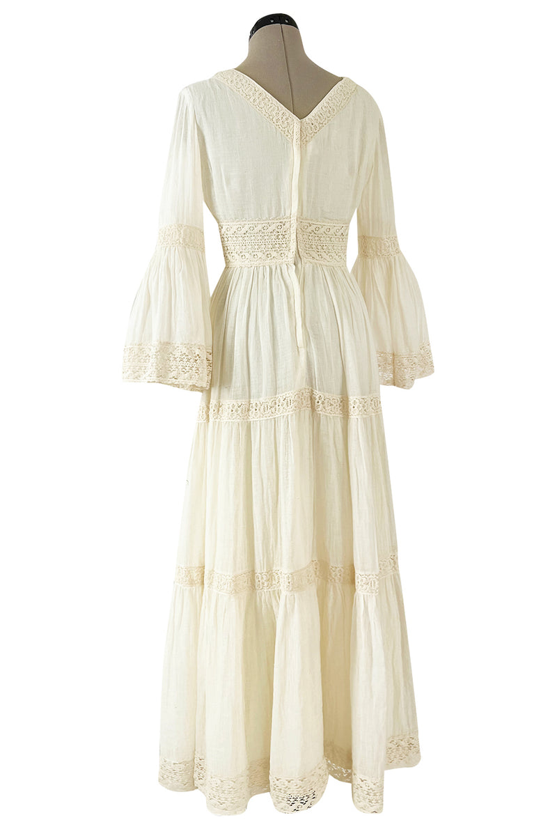 Romantic 1970s Victor Costa Mexican Wedding Dress Feel Ivory Cotton Gauze & Lace  Dress