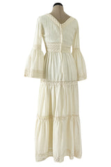 Bohemian 1970s Victor Costa Mexican Wedding Dress Feel Ivory Cotton & Lace Dress