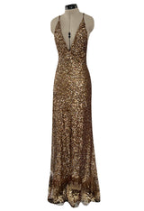 Fall 2002 Valentino Plunged Silk Net Chiffon Dress Completely Covered in Copper Sequins