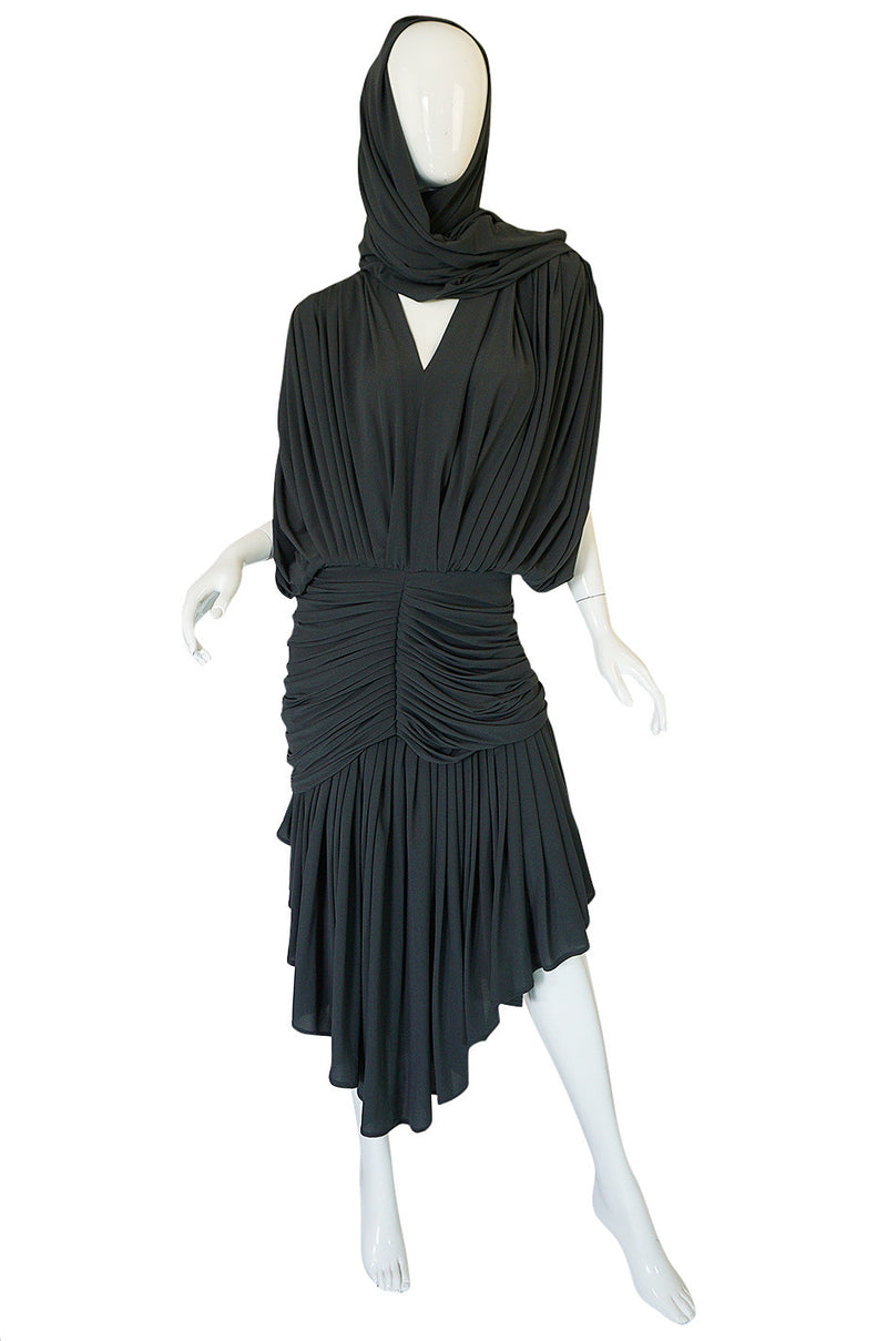 1980s Gray Norma Kamali Jersey Dress & Shawl Set