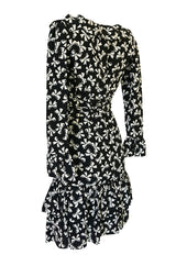 S/S 1987 Yves Saint Laurent Bow Print Silk Ruffle Dress