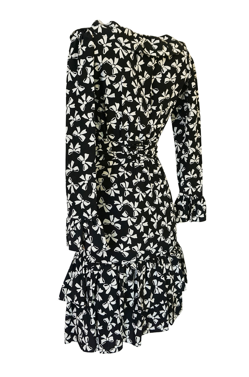 S/S 1987 Yves Saint Laurent Bow Print Silk Ruffle Dress