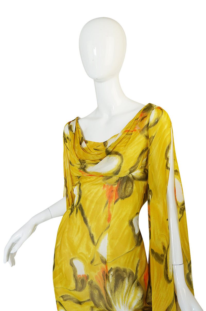 1960s Dramatic Silk Scarf Arm Lilli Diamond Floral Dress