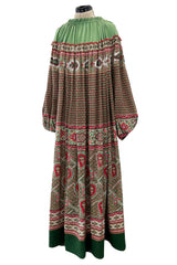 Gorgeous 1970s Lanvin Couture Printed Gathered Silk Caftan Dress w Balloon Sleeves & Felt Hem