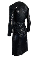 1973 Halston Couture Glossy Black Hand Applied Sequin Skirt & Jacket Evening Suit