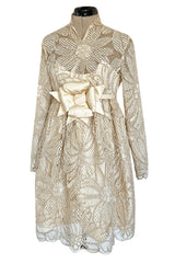 Extraordinary 1960s Donald Brooks Couture Ivory Net Lace & Silk Cord Babydoll Dress