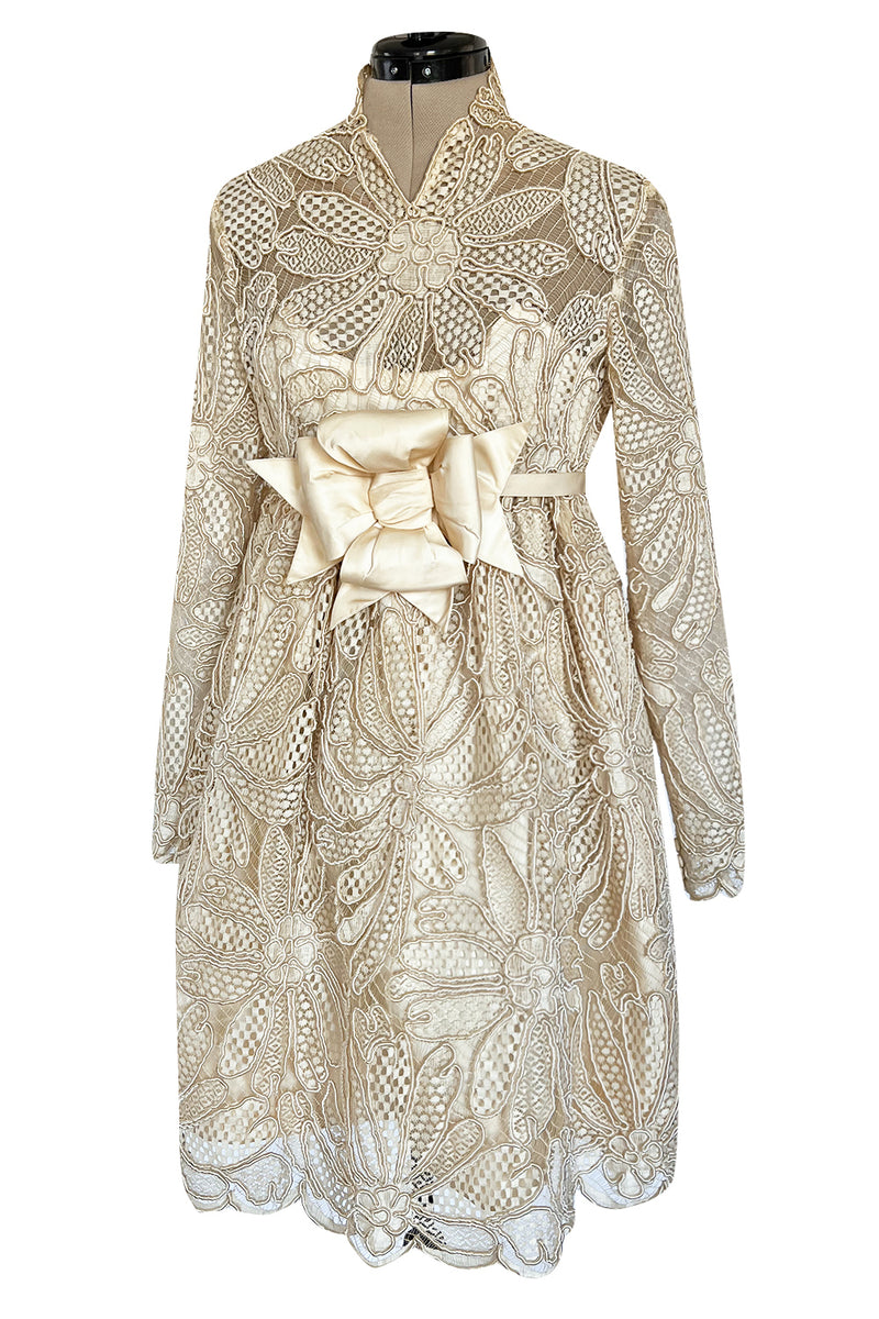 Extraordinary 1960s Donald Brooks Couture Ivory Net Lace & Silk Cord Babydoll Dress