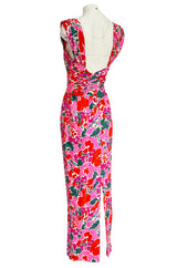 1980s Unlabelled Jacqueline de Ribes Pink Floral Print Silk Dress