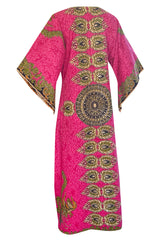 1960s Unlabeled Pink Thai Print Cotton Caftan Dress w Frog Knot Detail