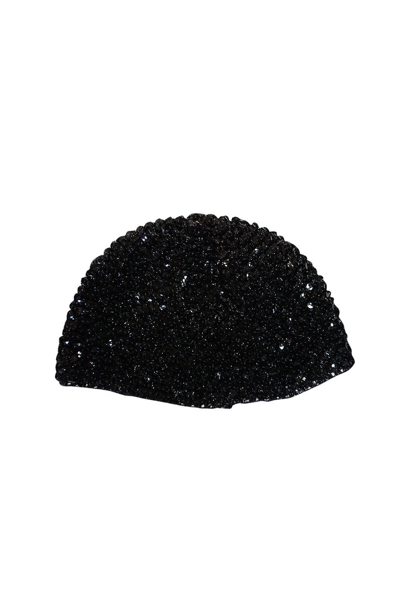 Rare 1970s Halston Glossy Black Sequin Skull Cap Cloche