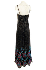 1970s Alfred Bosand Densely Beaded Sequinned & Embroidered Gold & Floral Dress