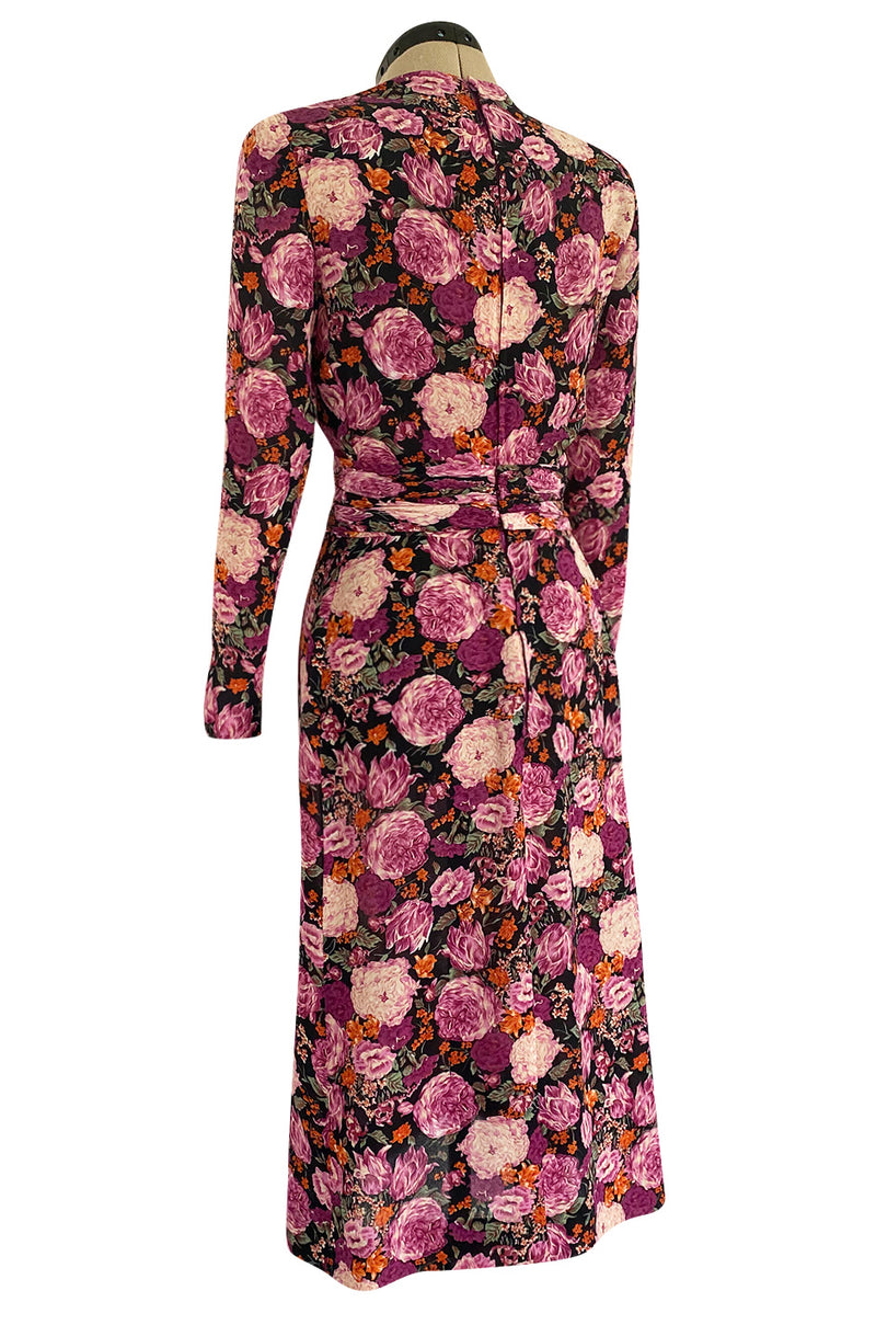 Pristine 1970s Jean-Louis Scherrer Haute Couture Pink Floral Print Silk Dress w Banded Waist