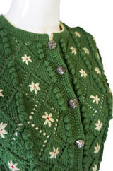 Rare 1930s Lanz Hand Knit Green Nubby Floral Sweater