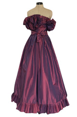 1970s Victor Costa Iridescent Deep Burgundy Purple Silk Taffeta Dress with Strapless Ruffled Neckline