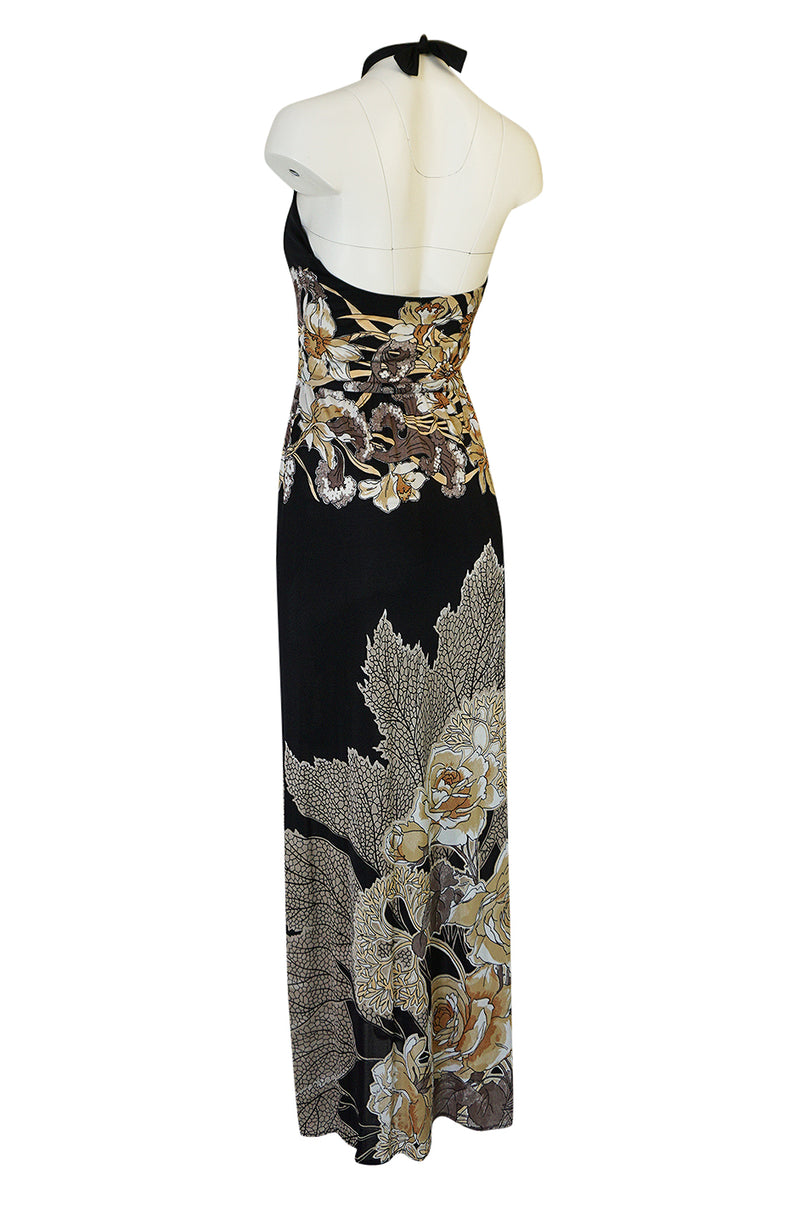 c.1976 Mac Tac Halter Tie Floral Printed Nylon Jersey Dress