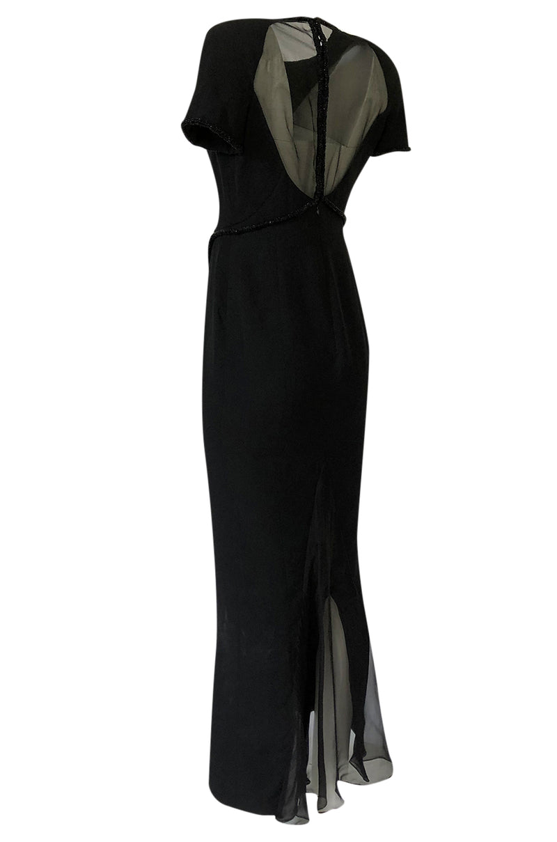 1990s Gianfranco Ferre Transparent Back w Bead Detailing Black Dress