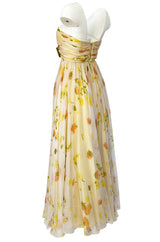 1961 Ferdinando Sarmi Strapless Yellow Floral Print Silk Chiffon Dress w Front Bow Detail