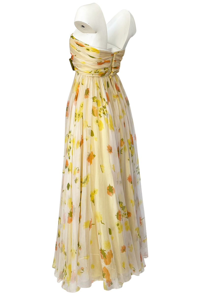 1961 Ferdinando Sarmi Strapless Yellow Floral Print Silk Chiffon Dress w Front Bow Detail