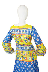 1960s Yellow & Bue Floral Print Cotton Maxi Dress