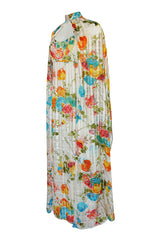 1970s Alfred Bosand Printed Floral Ribbon Silk Gown & Cape