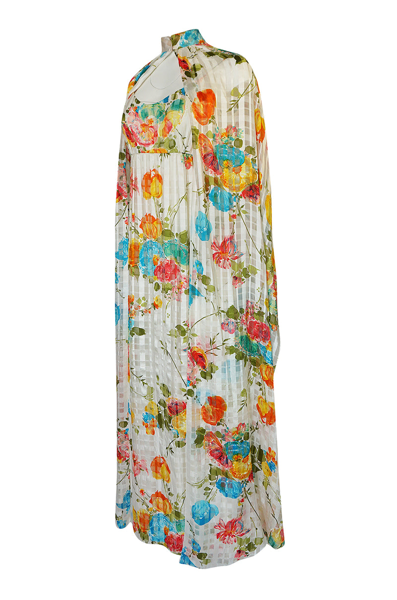 1970s Alfred Bosand Printed Floral Ribbon Silk Gown & Cape
