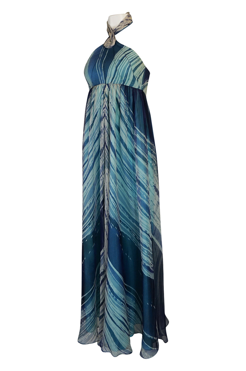 1974 Thea Porter Couture Documented 'Wave' Print Silk Chiffon Backless Dress