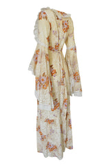 1970s Printed Angel Sleeve Floral Print Cotton Dress